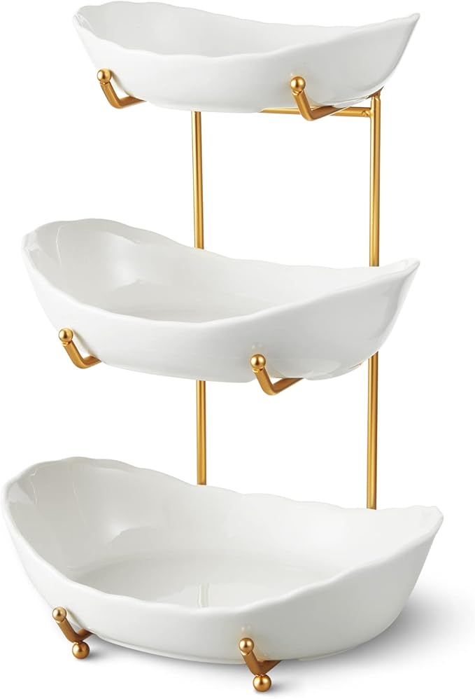 Ceramic Fruit Bowl for Kitchen Counter - 3 Tier Fruit Basket with Metal Stand, Tiered Fruit Stand for Countertop, Snack, Nuts, Cake, Dessert, Cute (Gold, Small)