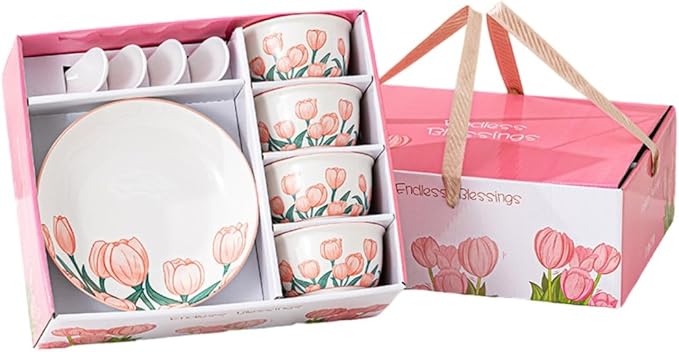 Premium Ceramic Dinnerware Set ??Floral Bowls & Plates Set, Elegant Hand-Painted Design, Microwave Safe, Ideal for Wedding/Housewarming/Corporate Gifts (Tulip, 4*bowls+spoons+plates)