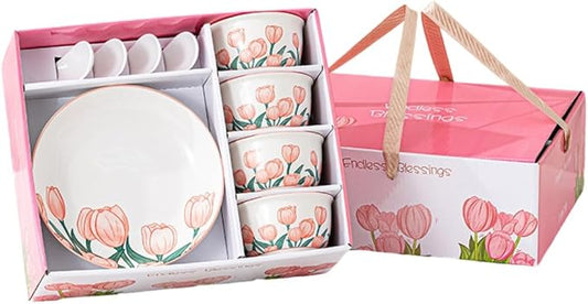 Premium Ceramic Dinnerware Set ??Floral Bowls & Plates Set, Elegant Hand-Painted Design, Microwave Safe, Ideal for Wedding/Housewarming/Corporate Gifts (Tulip, 4*bowls+spoons+plates)