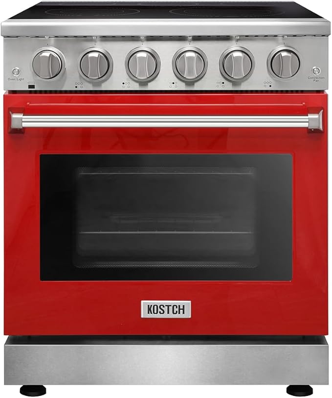 KOSTCH 30 inch Professional Electric Range with 5 Heating Elements Cooktop, 4.55 Cu. Ft. Convection Oven Capacity, Smooth Glass Top, in Stainless Steel, KOS-30RE06H (Red)