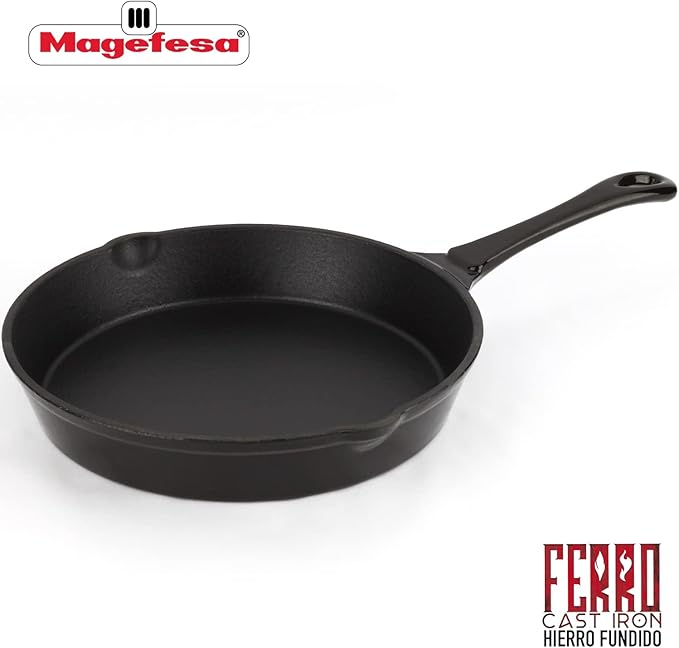 MAGEFESA FERRO 10" Enameled Cast Iron Black Skillet, Superior Heat Retention & Distribution, Compatible with All Cooktops, Induction & Oven Safe, Energy-Efficient, Durable, Easy to Clean