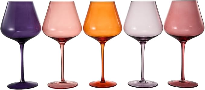 Khen Sunset Colored Crystal Wine Glass Set of 5, Large 20 OZ Glasses, Bright Italian Style Tall Stemmed Drinkware for Red & White Wine, Water Dinner Glasses, Color Beautiful Glassware - (Stemmed)