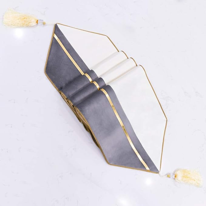 Avigers 12 x 78 Inch Decorative Luxury Grey White Gold Leather Striped Patchwork Velvet Table Runners with Tassels for Home Living Room Bedroom Art Decor Wedding