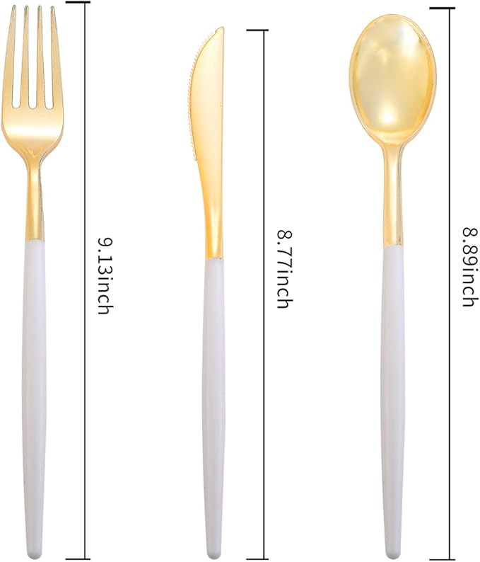 I00000 144Pcs Gold Plastic Silverware, Gold Plastic Utensils Set,Disposable Utensils Heavy Duty,Disposable Silverware Set Includes 48 Forks,48 Knives,48 Spoons for Wedding & Party