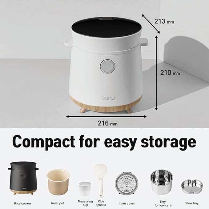 Banu Mini Low Carb Rice Cooker Japanese Low Carb Rice Cooker 3 Cups (white rice), 1 Cup (Low carb rice) Uncooked with Stainless Steel Steamer, Rice Maker Low Sugar Rice Function, 24H Delay Timer & Auto Keep Reduce One-Touch Cooking - Black