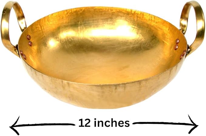 Brass Wok Pan Thai Home Cooking Food and Dessert for Thai Chinese Japanese Korean cuisine (Large 12 inches)
