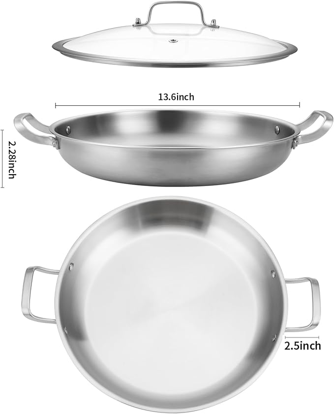 Tri-Ply Stainless Steel Paella Pan Large Saute Pan with Lid (Stainless Steel, 13.5 INCH)