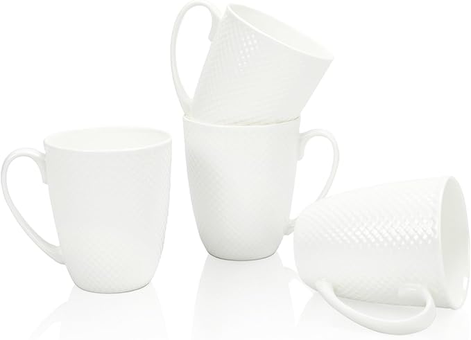 12 Oz White Coffee Mugs Set of 4, Fine Bone China Mugs, White Ceramic Coffee Cups Set, Rhombus Relief Texture, Lightweight Tea Mugs for Latte, Hot Cocoa, Women, Men