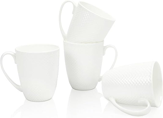 12 Oz White Coffee Mugs Set of 4, Fine Bone China Mugs, White Ceramic Coffee Cups Set, Rhombus Relief Texture, Lightweight Tea Mugs for Latte, Hot Cocoa, Women, Men