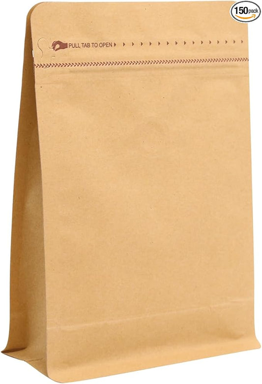 150 Pack High Barrier Stand-Up Coffee Bean Bags with Vented Valve, Matte Metallic, Heat-Sealable and Resealable Pouches for Food Storage (6 * 12.8 inch,2 lb,32 oz,Brown Kraft Paper)