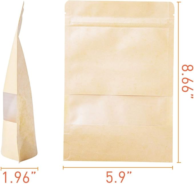 LZLPACKING Kraft Stand Up Pouches bags 100 Pcs,Brown Resealable Bags with Window for Home or Business,Coffee,Food Storage Bags,Sealable Bags for Packaging(5.9횞8.6)