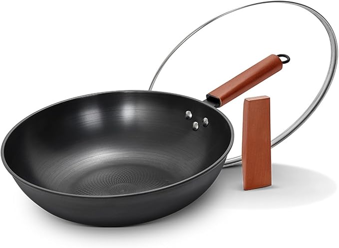 13'' Woks & Stir-Fry Pans Set with Lid & Wooden Handle, No Chemical Flat Bottom Chinese Woks Pan for Induction, Gas, Halogen All Stoves
