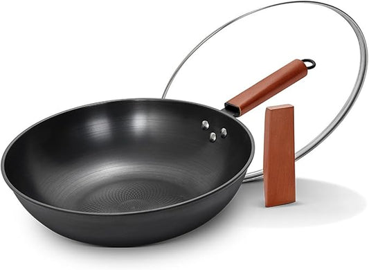 13'' Woks & Stir-Fry Pans Set with Lid & Wooden Handle, No Chemical Flat Bottom Chinese Woks Pan for Induction, Gas, Halogen All Stoves