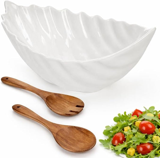 Hacaroa 50 Oz Ceramic Salad Bowl, 11 Inch Medium Serving Bowl White Soup Bowls with Wooden Utensils, Decorative Leaf Shape Mixing Bowl for Pasta, Stew, Fruit, Snacks, Microwave Dishwasher Safe