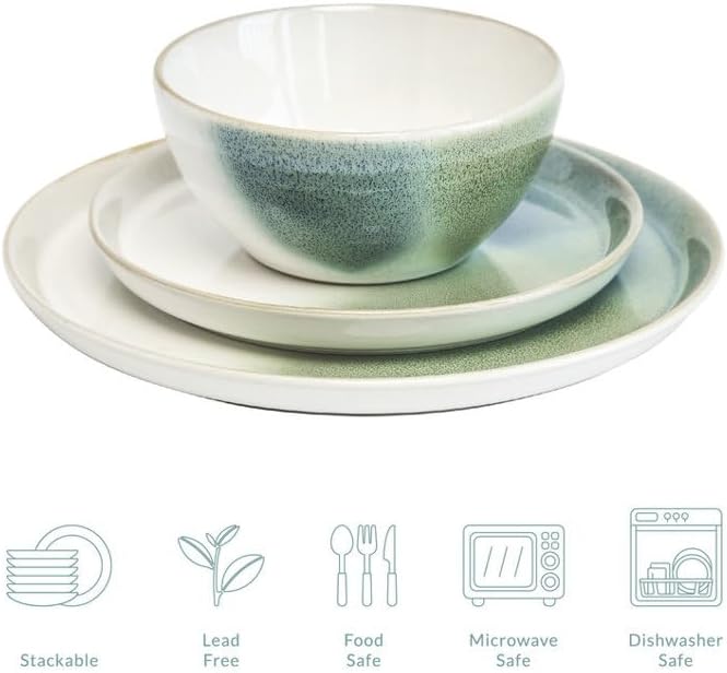Sango 12 Pieces Stoneware Dinnerware Set, Glossy Blue, Green & White Dishes for 4, Premium Plates and Bowls Sets, Chip Resistant, Ceramic Kitchen Dish Set, Microwave & Dishwasher Safe, Color Block