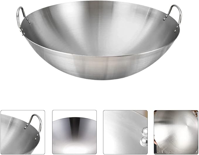 DOITOOL Stainless Steel Wok with Double Handles 12.6 Inch Round Bottom Pan for Stir Frying and Cooking Kitchen Use