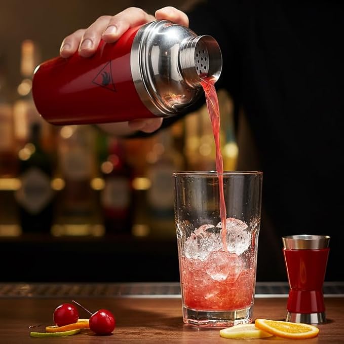 Cocktail Shaker Set 17oz ??Red Stainless Steel Cobbler Shaker with Jigger, Leak-Proof & Non-Slip Base ??Premium Bar Tool