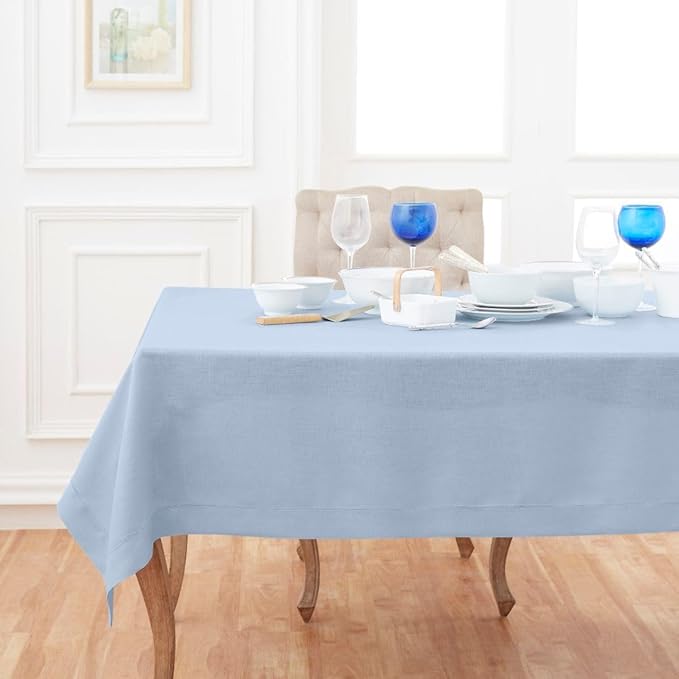 Solino Home Sky Blue Linen Tablecloth 54 x 72 Inch - 100% Pure Linen Hemstitch Table Cloth for Rectangle Tables - Classic Hemstitch, Machine Washable Tablecloth for Spring, Easter