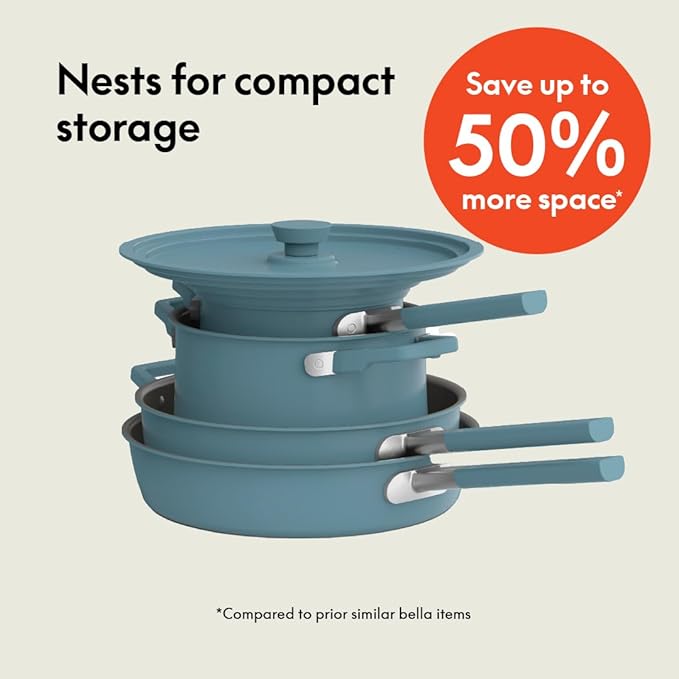 bella 9 Piece Ceramic Nonstick Cookware Set, Fits-anywhere??Kitchenware w EverGood??Coating, Dishwasher & Oven Safe, All Stovetops Compatible, Stackable Design, Cool Touch Handles, Surf