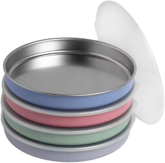 Elk and Friends 7.8??Stainless Steel Non Divided Plates with Silicone Sleeve + Storage Lid | Baby, Toddler, Kids | Dishwasher Safe | Dinner & Snack Plates | 4 Pack