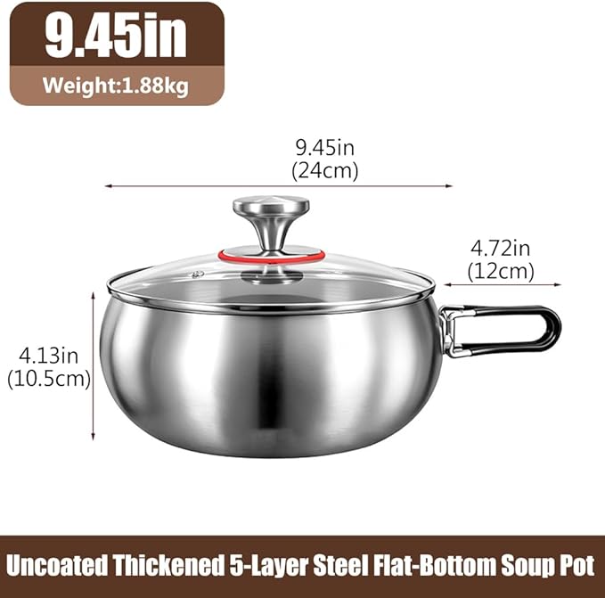 Thickened Multi-Layer Stock Pot, Stainless Steel Camping Cook Pot with Lid and Folding Handle, Scratch-Resistant Non Stick Frying Pans, Even Heating for Cooking,9.45IN