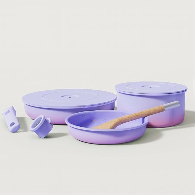 Ombr챕 Titanium Ceramic Cookware Set Non Toxic ??8 Pcs Non Stick Pots and Pans Set with Removable Handles, Magnetic Lid & Wooden Spatula for Cooking ??Oven & Dishwasher Safe (Lavender)