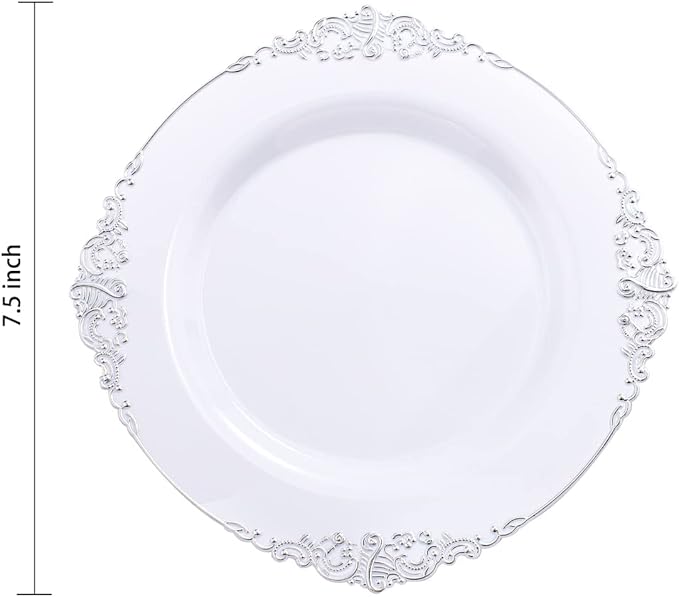 Hioasis 100pcs White Silver Plastic Plates for Party - 7.5" Dinner Plates Disposable, Heavy -duty, Classy and Elegant for New Year