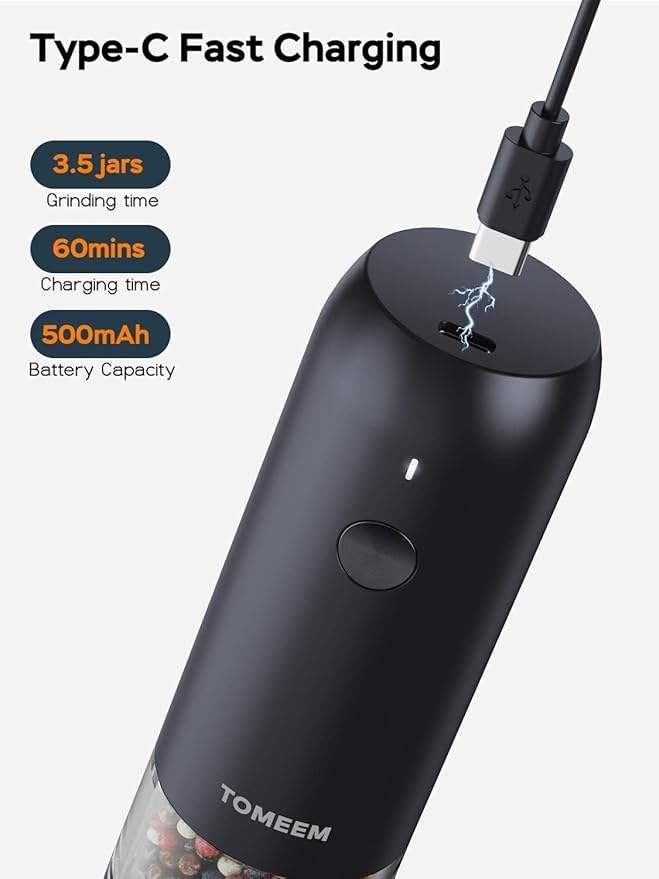 TOMEEM Electric Salt and Pepper Grinder Set with LED Lights ??Rechargeable Automatic Pepper and Salt Mill with 6 Adjustable Coarseness for Kitchen, BBQ & Gifts