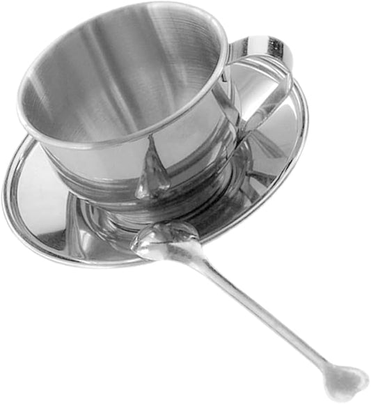 Stainless Steel Coffee Cup and Saucer Set Small Retro Metal Espresso Tea Cup with Spoon Silver Household Tea Set and Coffee Party