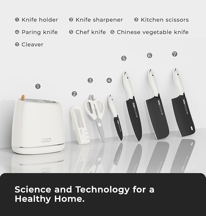 OOU Kitchen Knife Block Set - 15 Pieces High Carbon Stainless Steel Chef Knife Sets, Anti-Rust Black Knives Set with Sharpener竊똚hite