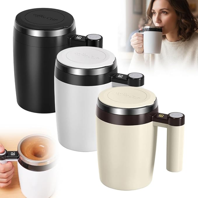 Electric Magnetic Stirring Coffee Mug, 2026 New Automatic Stirring Coffee Cup with Temperature Display, 12.85oz Self-Stirring Mug with Lid Suitable for Coffee, Milk (Black + White + Brown)
