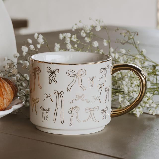 Sweet Water Decor Gold Bows Mug, 14oz Fine Bone China Coquette Tea Cup for Hot & Cold Drinks, Cute Coffee Mug with Golden Bow Patterned Design, Gold Handle & Rim, Gifts for Women