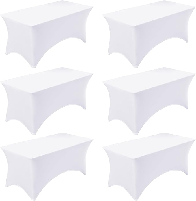 Fixwal 6 Pack 8ft Spandex Table Covers for 8 Foot Tables, Fitted Tablecloths Rectangle Folding Tables, Stretch Rectangular Table Cloths for Wedding, Banquet, Party (White, 96L x 30W x 30H Inch)