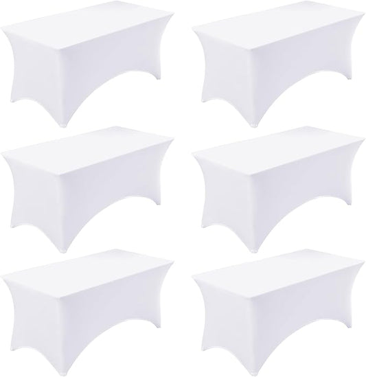 Fixwal 6 Pack 8ft Spandex Table Covers for 8 Foot Tables, Fitted Tablecloths Rectangle Folding Tables, Stretch Rectangular Table Cloths for Wedding, Banquet, Party (White, 96L x 30W x 30H Inch)