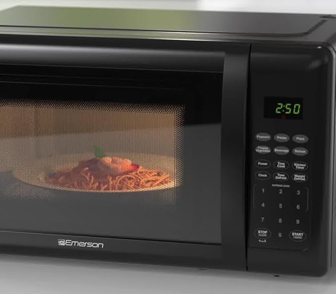 Emerson MW7302B Compact Countertop Microwave Oven with Touch Control, LED Display, 700W, 10 Power Levels, 6 Auto Menus, Glass Turntable and Child Safe Lock, 0.7 Cu., Ft. Black