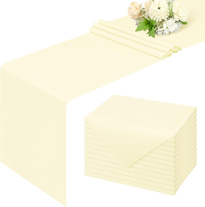 12 Pack Beige Table Runner 12 x 108 Inch Long Rustic Farmhouse Wedding Table Runner,Washable and Reusable 9 FT Polyester Table Runners for Wedding Birthday Party Banquet Table Decorations