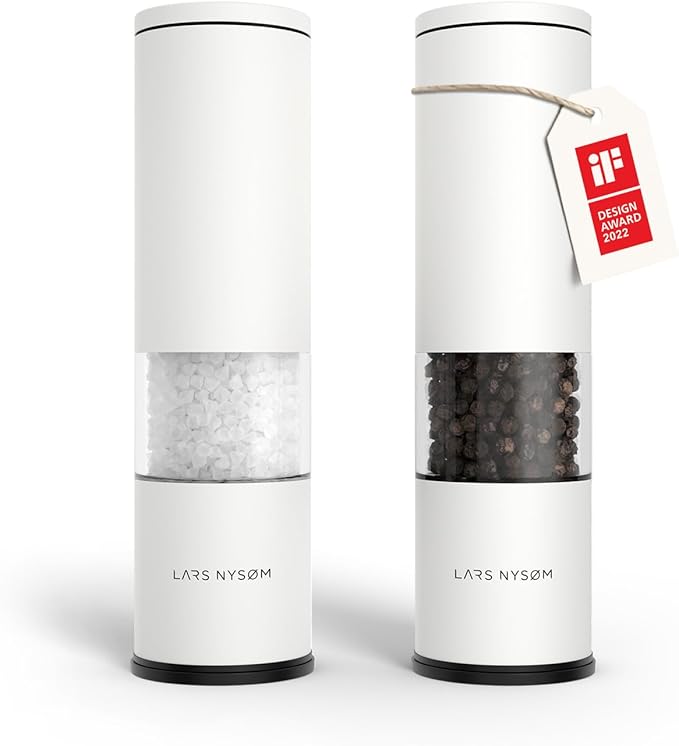 LARS NYS횠M Salt and Pepper Grinder Set Manual, Stainless Steel Salt and Pepper Mills with Adjustable Ceramic Grinder I Design Spice Shakers (Pure White)