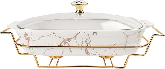 10" x 6" Ceramic Casserole Dish with Glass Lid and rack, 30 oz Serving Soup Tureen,Chafing Dish for Buffet, Family Food preserve Tray, Catering Casserole for Party Style