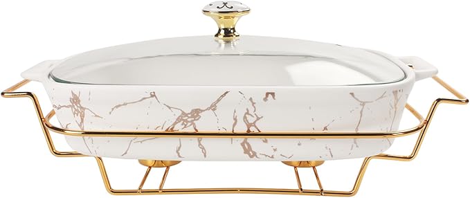 12" x 8" Ceramic Casserole Dish with Glass Lid and rack, 1.6 Quart Serving Soup Tureen,Chafing Dish for Buffet, Family Food preserve Tray, Catering Casserole for Party Style