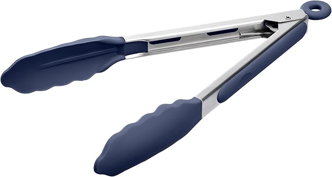 Doosu Kitchen Tongs for Cooking - 600째F Heat Resistant Food Tong with Non-Scratch Silicone Tips, Heavy Duty Stainless Steel Locking Tong for BBQ, Grilling Steak, Serving Salad Pasta (9in, Navy Blue)