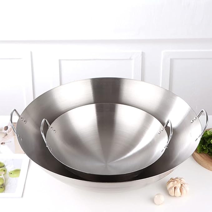 STOBOK Pots Wok Pan 28cm Double Handle Wok Stainless Steel Fry Pan Large Capacity Saute Pan Round Bottom Multipurpose Stewpot Skillet Works for Gas Cooktops Electric Frying Pan