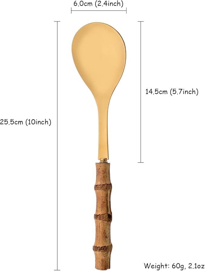 Natural Bamboo Handle Serving Spoons Set of 6, Large Size Stainless Steel Dinner Buffet Catering Banquet Serving Spoons, 10.0" Gold Big Ladle Tablespoons for Home, Family Serving Utensils
