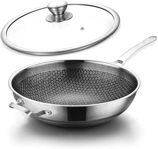 Wok Pan,Hybrid Nonstick 14 Inch Wok with Lid,Induction Non Stick Stainless Steel Large Deep Woks&Stir-Fry Pans,Stay-Cool Handle Skillets,PFOA Free Cookware