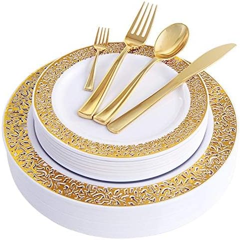 WDF 150PCS Gold Plastic Plates Set - Valentines Plates 25Guests Gold Disposable Dinnerware Sets for Valentine's Day