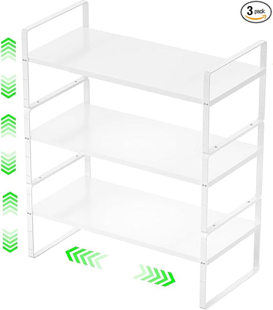 ?랤xpandable Kitchen Cabinet Storage Shelf, Stackable Metal Pantry Storage Shelves Organizer, Adjustable Height Counter Spice Rack for Kitchen Cabinet (White - 16.5"-27" L x 10.2" W x 9.6" H - 3Pack)