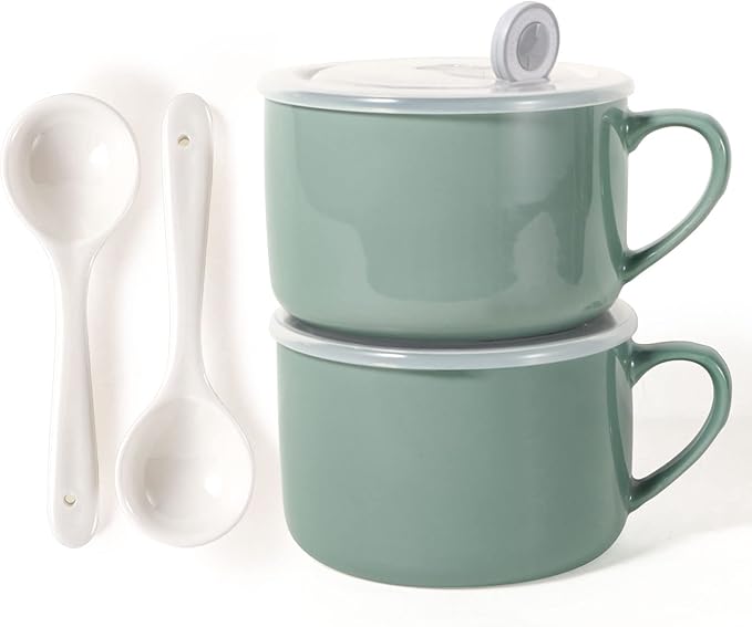 Soup Bowls with Handles & Spoons, 30oz Ceramic Ramen Bowl with Lid, Large Soup Mugs/Cups for Instant Noodle, Big Cereal Bowls for Oatmeal, Soup Containers with Lids, Set of 2, Teal Blue