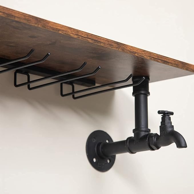 Industrial Pipe Shelves Wine Rack Wall Mounted with 4 Stem Glass Holder,Bar Shelves 39in Metal Hanging Wine Rack, Rustic Floating Pipe Shelf, Living Room Kitchen Decor Display Rack
