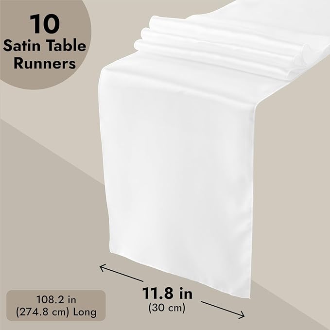 Juvale White Table Runner - 108.2 x 11.8 in, 10-Pack Satin Polyester - Reusable Scratch & Spill Resistant Bulk White Runners for Rectangular & Round Tables