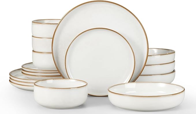 Herogo 16-Piece Dinnerware Set for 4, Ceramic Plates & Bowls Sets with Pasta Bowls, Double Reactive Glaze, Microwave & Dishwasher Safe, Chip Resistant, Ivory White