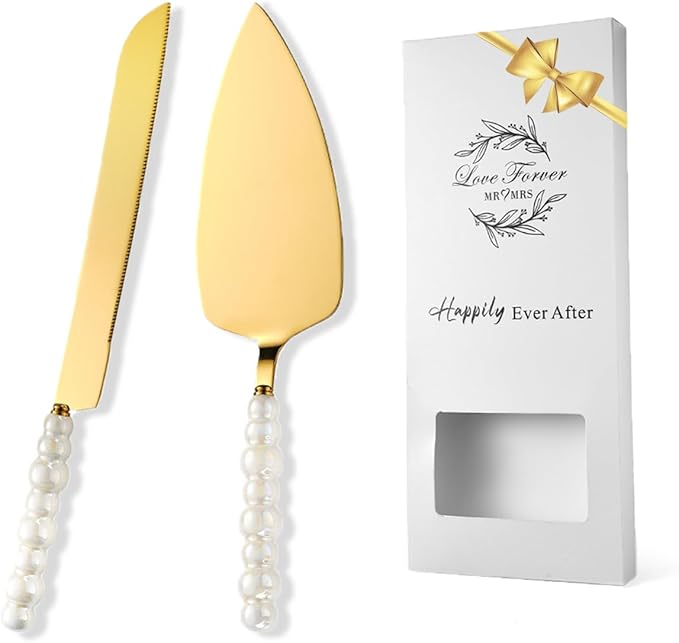 Wedding Cake Cutting Set, Wedding Cake Knife and Server Set, Ceramic Pearl Stainless Steel Pie Cutter, Bridal Shower Gifts, Engagement Gift for Couples (Gold, Set of 2)